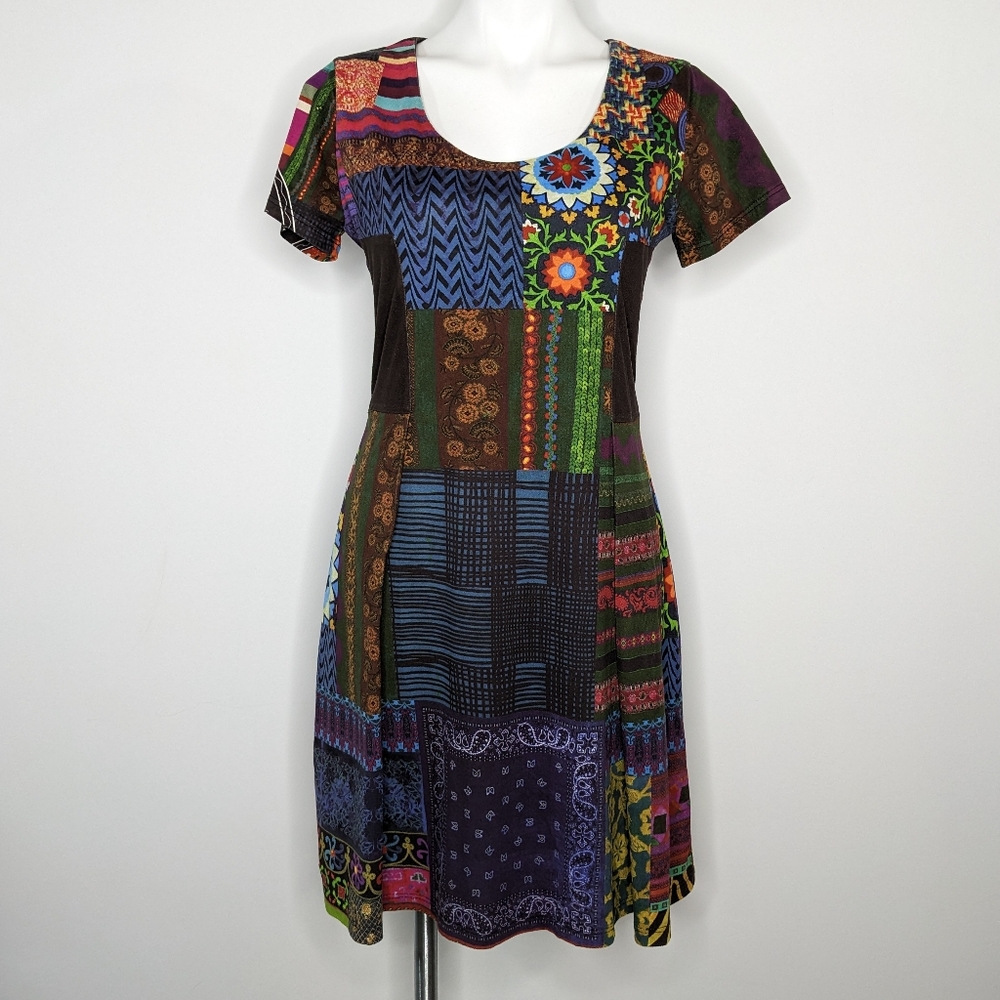 Desigual Colorful Patchwork Pattern Short Sleeve … - image 1